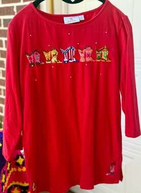 Quacker Factory Red 3/4 Sleeve Embroidered Boots Sequins Size S